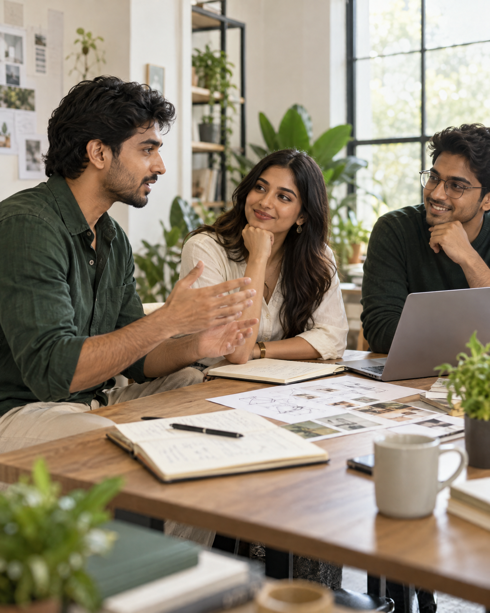 An illustrative small-group mentorship conversation around a shared idea.